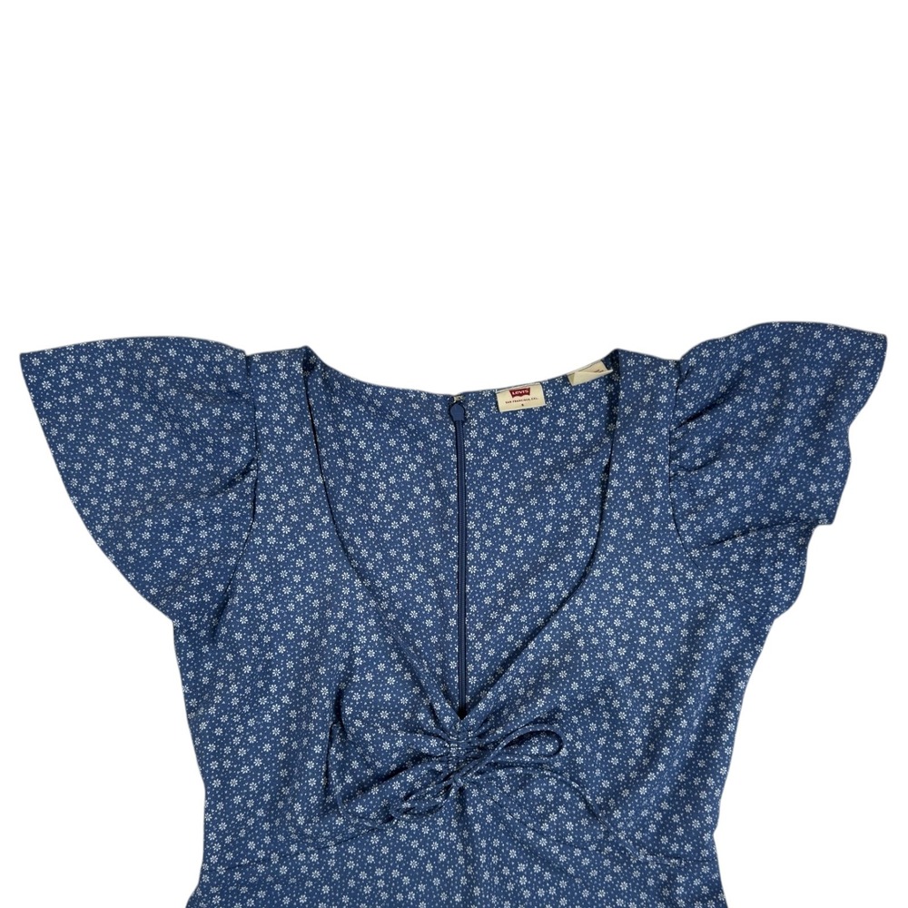 Levi's Floral Mini Sun Dress S Blue Flutter Sleeve Beth Dutton Westerncore 90s - Picture 2 of 9